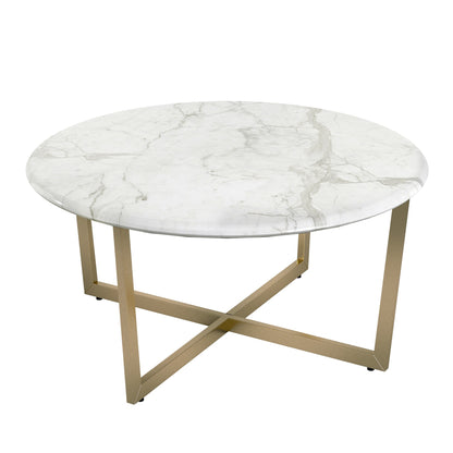 Table basse ronde en faux marbre blanc et doré de 36 po