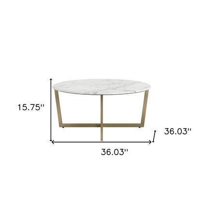 Table basse ronde en faux marbre blanc et doré de 36 po