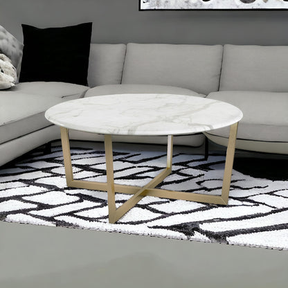 Table basse ronde en faux marbre blanc et doré de 36 po