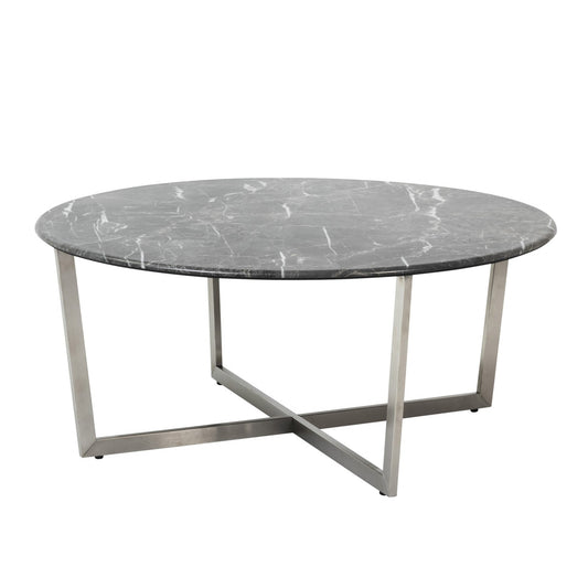 Table basse ronde en faux marbre noir et argent de 36 po