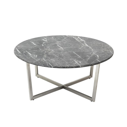 36" Black And Silver Faux Marble Round Coffee Table