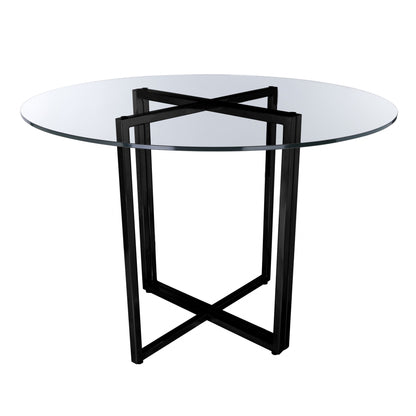 Table à manger ronde de 24 po avec base à tréteaux en verre et métal transparent et noir