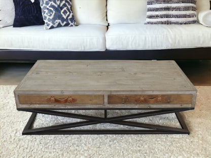 Table basse rustique en bois naturel et fer fabriquée à la main