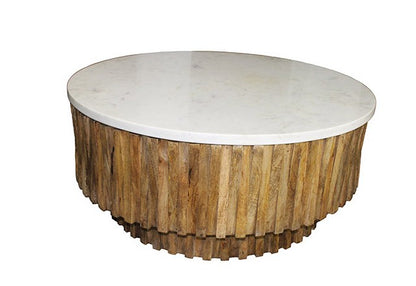 Table basse ronde avec plateau en marbre et bandes de bois