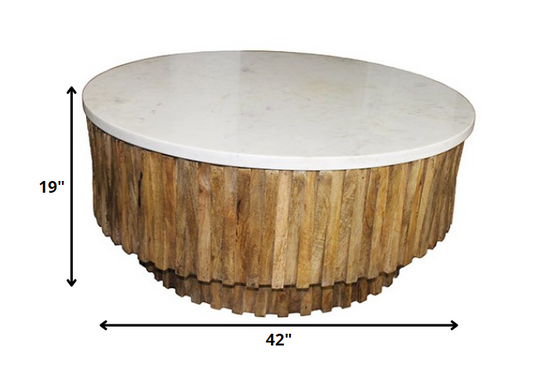 Table basse ronde avec plateau en marbre et bandes de bois