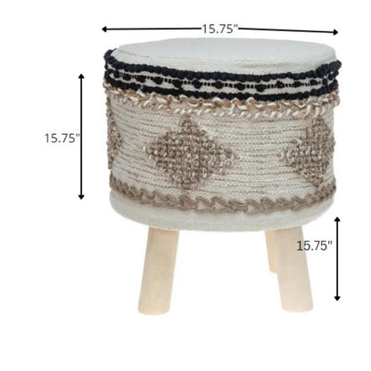 Pouf rond abstrait en jute beige et marron de 16 po