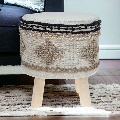 Pouf rond abstrait en jute beige et marron de 16 po