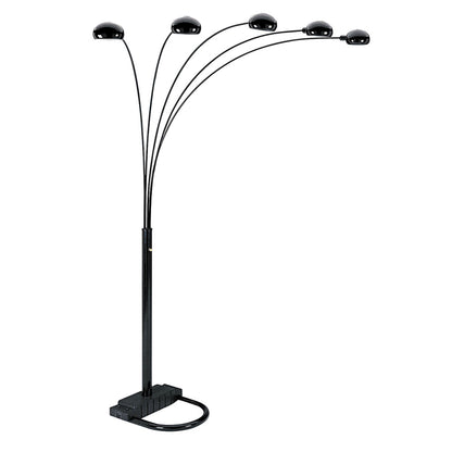 84" Black Five Light Arc Floor Lamp With Black Dome Shade