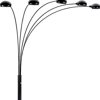 84" Black Five Light Arc Floor Lamp With Black Dome Shade