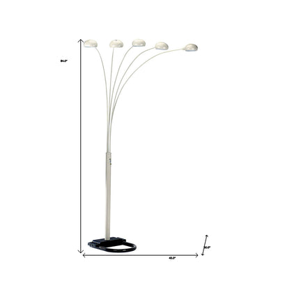 84" White Five Light Arc Floor Lamp With White Dome Shade