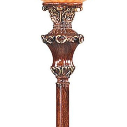 69" Brown Faux Wood Torchiere Floor Lamp With Brown Stained Glass Bell Shade