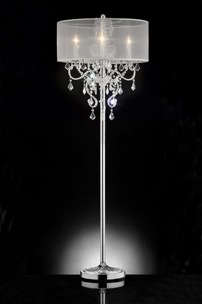 63" Steel Three Light Candelabra Floor Lamp With White Drum Shade