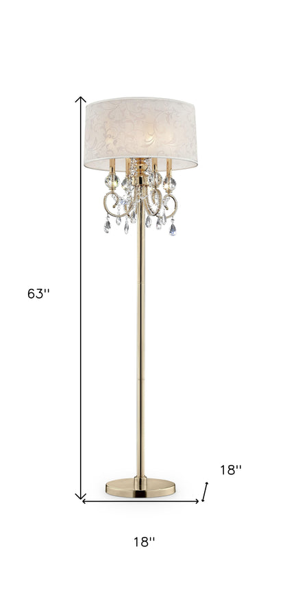 Superbe lampadaire en laiton avec finition dorée et accents en cristal