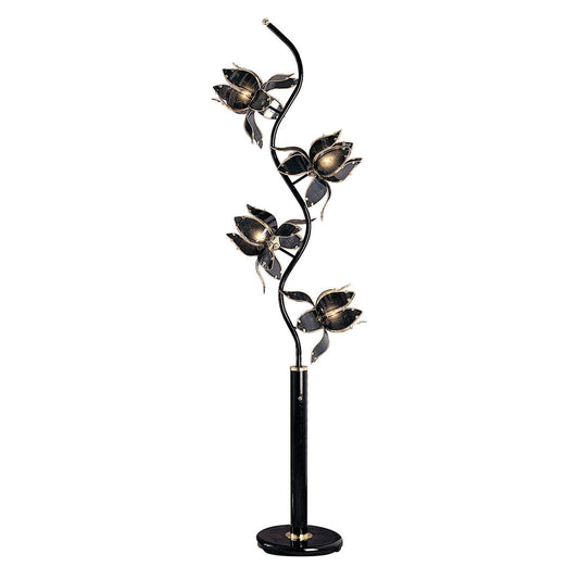 73" Black Four Light Floral Floor Lamp With Black and Gold Glass Shades