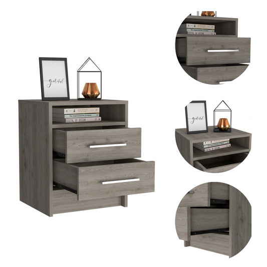 Light Grey Open Compartment Two Drawer Nightstand