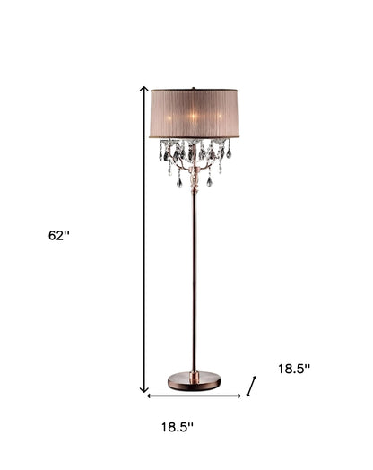 62" Steel Three Light Candelabra Floor Lamp With Silvery Pink Drum Shade