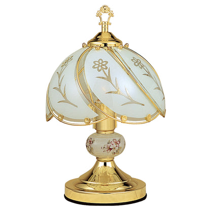 Lampe de chevet dorée de 14 po avec abat-jour en verre dépoli à motif floral