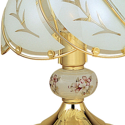 Lampe de chevet dorée de 14 po avec abat-jour en verre dépoli à motif floral