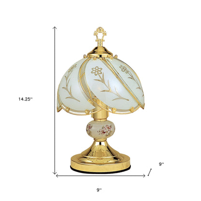 Lampe de chevet dorée de 14 po avec abat-jour en verre dépoli à motif floral