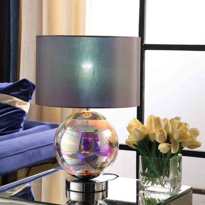 19" Iridescent Glass Globe Table Lamp With Gray Classic Drum Shade