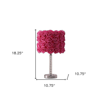 Lampe de chevet à LED argentée de 18 pouces avec abat-jour tambour à fleurs rouges