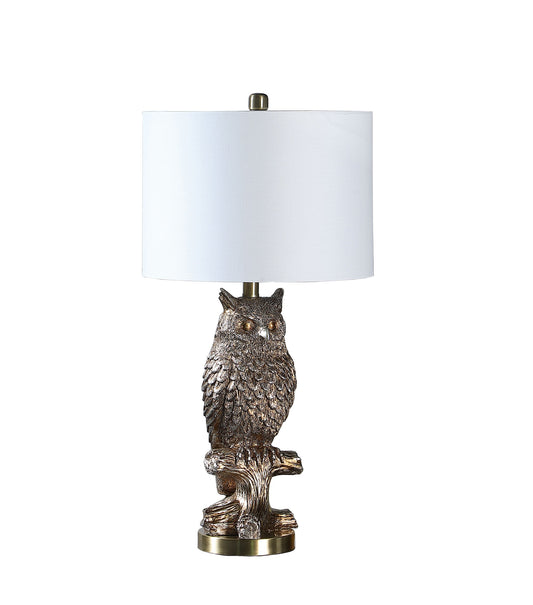 Lampe de table ou de bureau en résine argentée vieillie en forme de hibou de 28 po