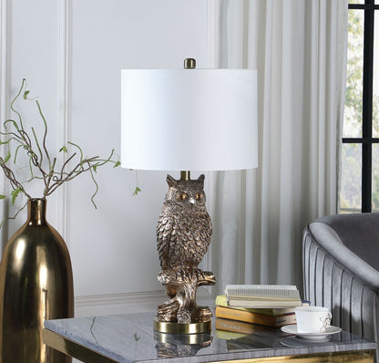 Lampe de table ou de bureau en résine argentée vieillie en forme de hibou de 28 po