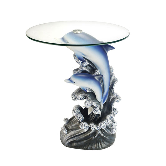 Table d'appoint ronde en verre bleu et transparent de 24 po