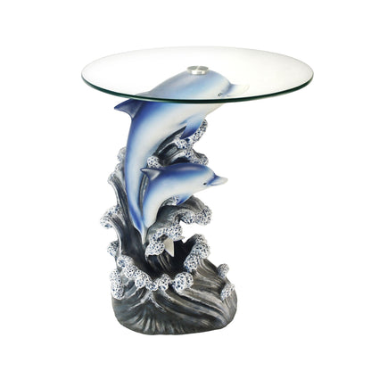 Table d'appoint ronde en verre bleu et transparent de 24 po