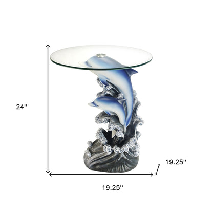 Table d'appoint ronde en verre bleu et transparent de 24 po