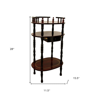 Table d'appoint ovale en bois brun et bois de 28 po avec tiroir et deux étagères