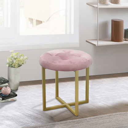 Tabouret capitonné rose en velours et or de 17 po