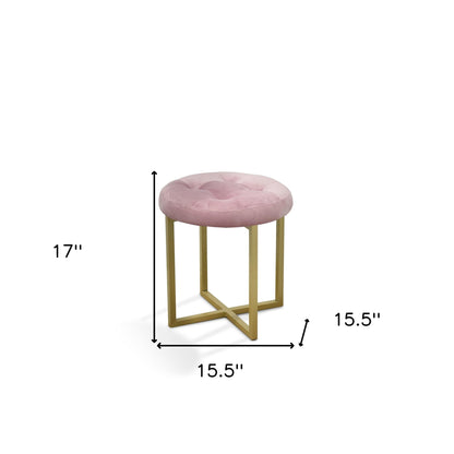 Tabouret capitonné rose en velours et or de 17 po