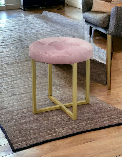 Tabouret capitonné rose en velours et or de 17 po