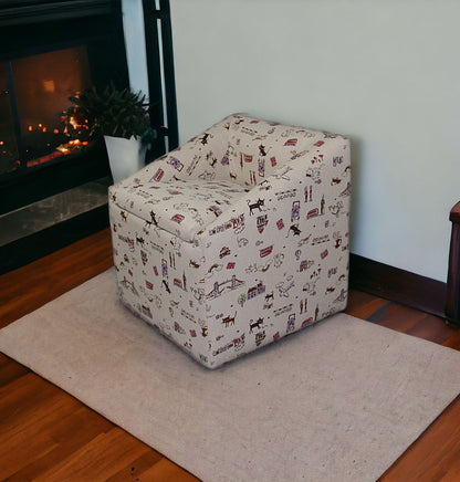 21" Modern Beige Whimsical Cats in London Cubed Accent Storage Chair