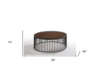 Table basse ronde moderne en noyer et tiges en métal noir