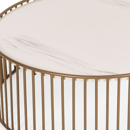 Table basse ronde moderne en faux marbre blanc et doré