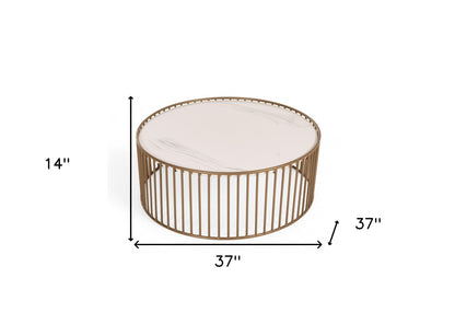 Table basse ronde moderne en faux marbre blanc et doré