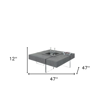 Table basse carrée en béton et verre gris et transparent de 47 po