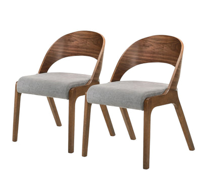 Ensemble de deux chaises de salle à manger modernes en tissu et bois gris et noyer