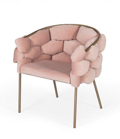 Chaise de salle à manger en tissu rembourré rose et laiton