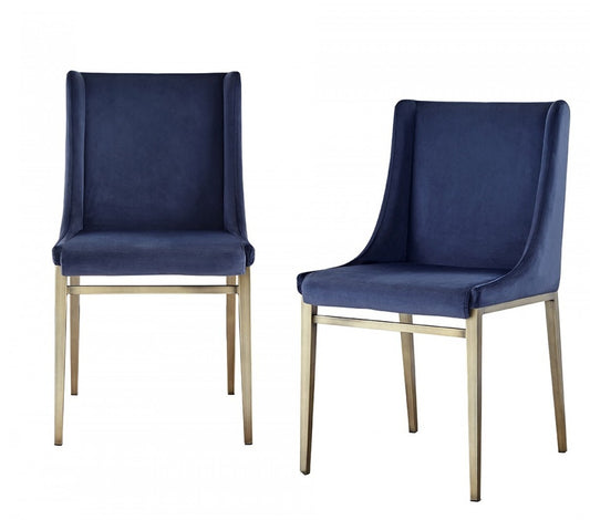 Ensemble de deux chaises de salle à manger contemporaines en velours bleu et laiton antique