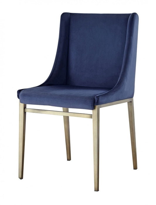 Ensemble de deux chaises de salle à manger contemporaines en velours bleu et laiton antique