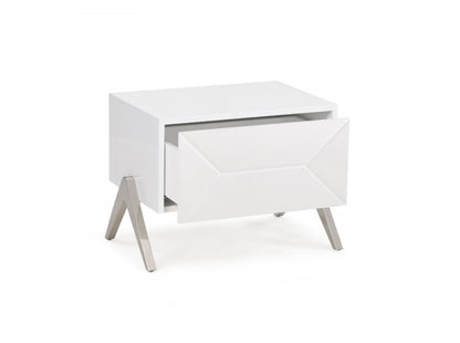 Modern Silky White Nightstand with One Drawer and Steel Legs