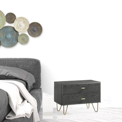 Contemporary Gray and Gold Nightstand with Two Drawers