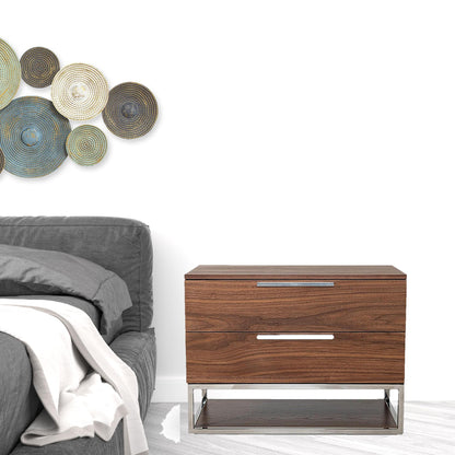 Contemporary Walnut and Stainless Steel Nightstand with Two Drawers