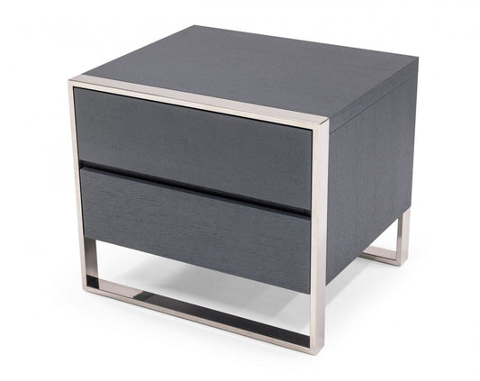 Modern Gray and Stainless Steel Nightstand With Two Drawers