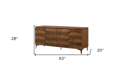 Commode double en bois brun à six tiroirs de 63 po