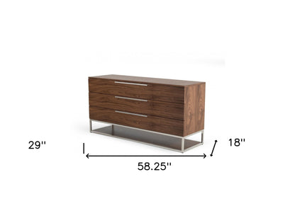 Commode à trois tiroirs en bois manufacturé de 58 po en noyer