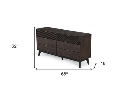 Commode double à six tiroirs en bois massif brun foncé de 65 po